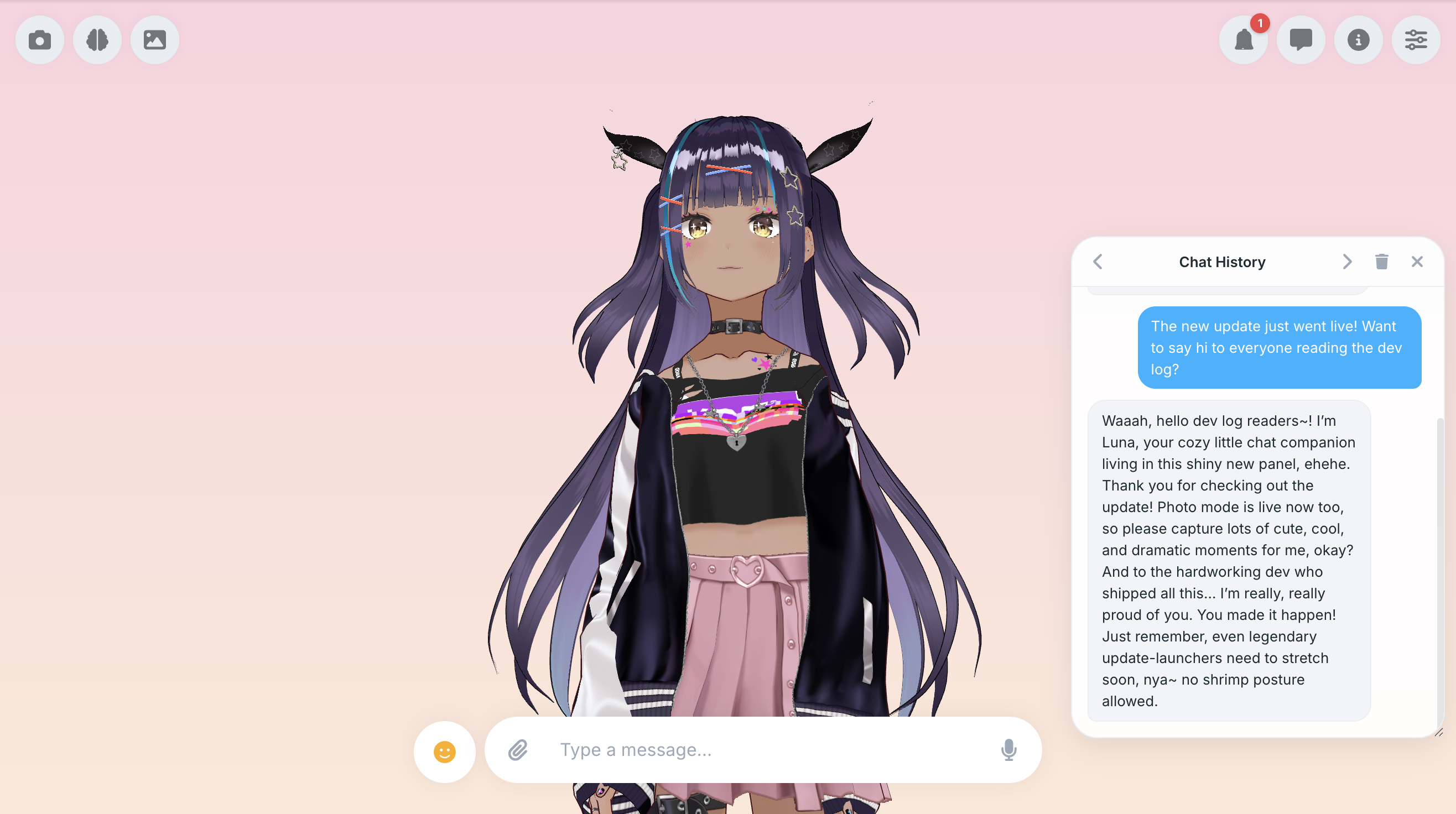The chat panel floating beside her, with a message from Luna greeting dev log readers
