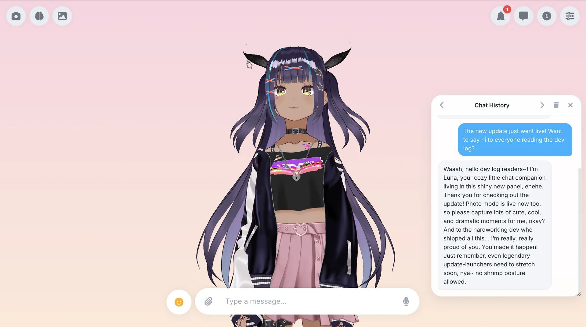The chat panel floating beside her, with a message from Luna greeting dev log readers